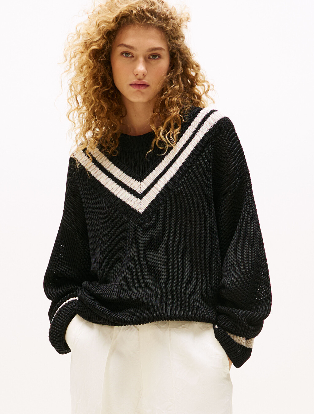 The Runway Collection Oversized Contrast Stripe Jumper, Black, hi-res