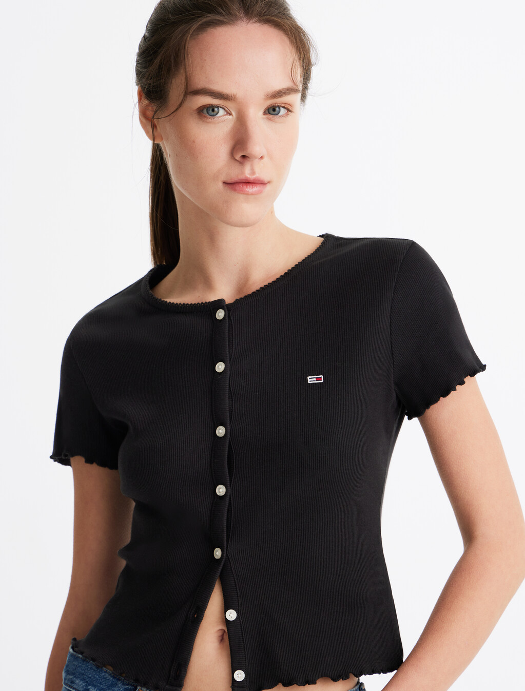 Scallop Trim Rib Knit Top, Black, hi-res