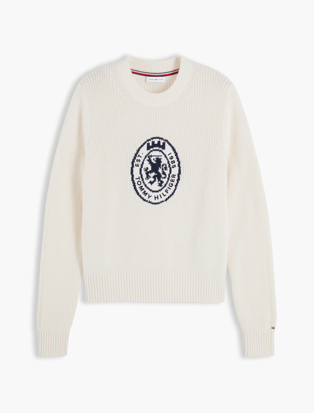 Intarsia Crest Crew Neck Jumper, Ivory Petal, hi-res