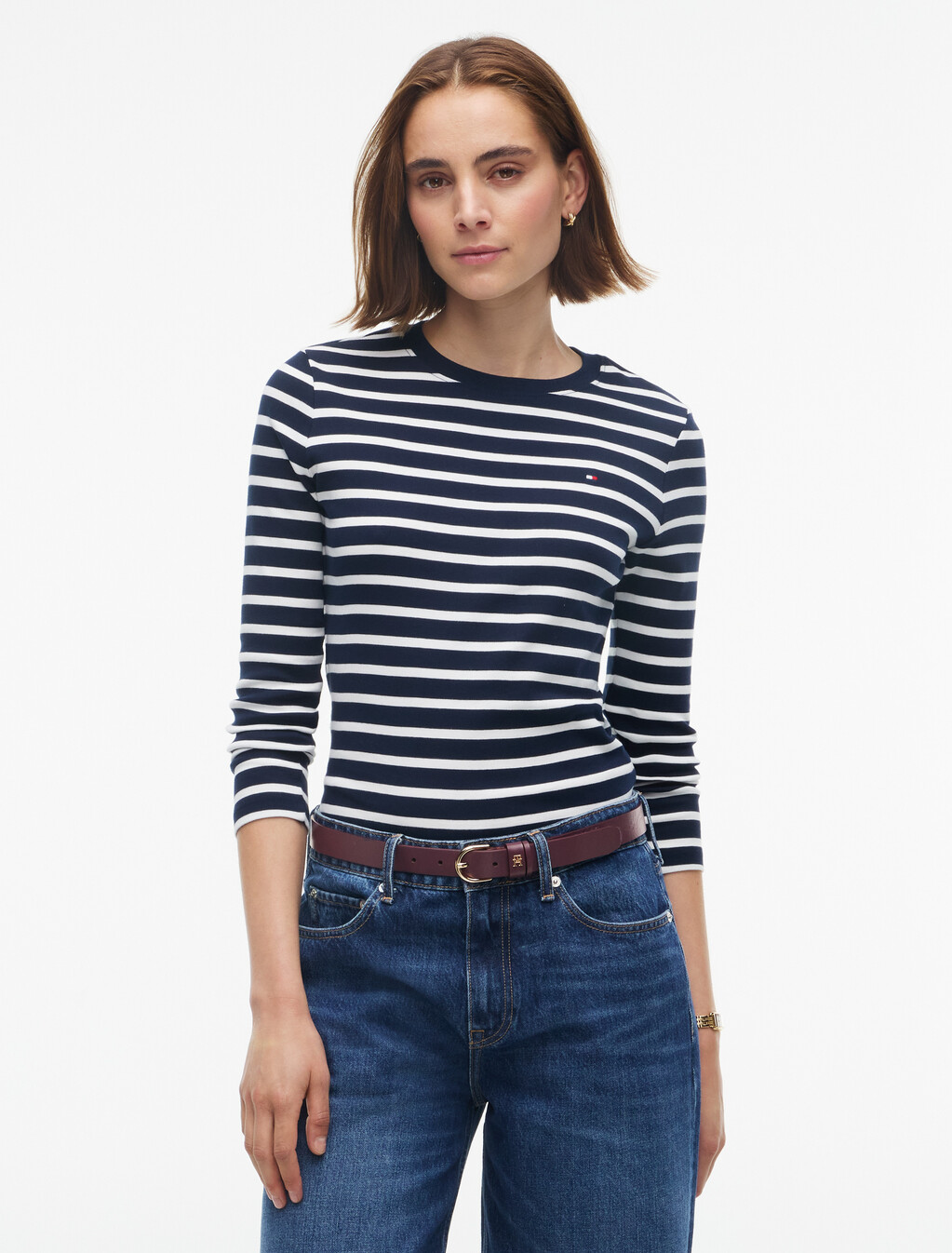 Slim Crew Neck Long Sleeve T-Shirt, Breton Stp Vessel Blue / Burgundy, hi-res