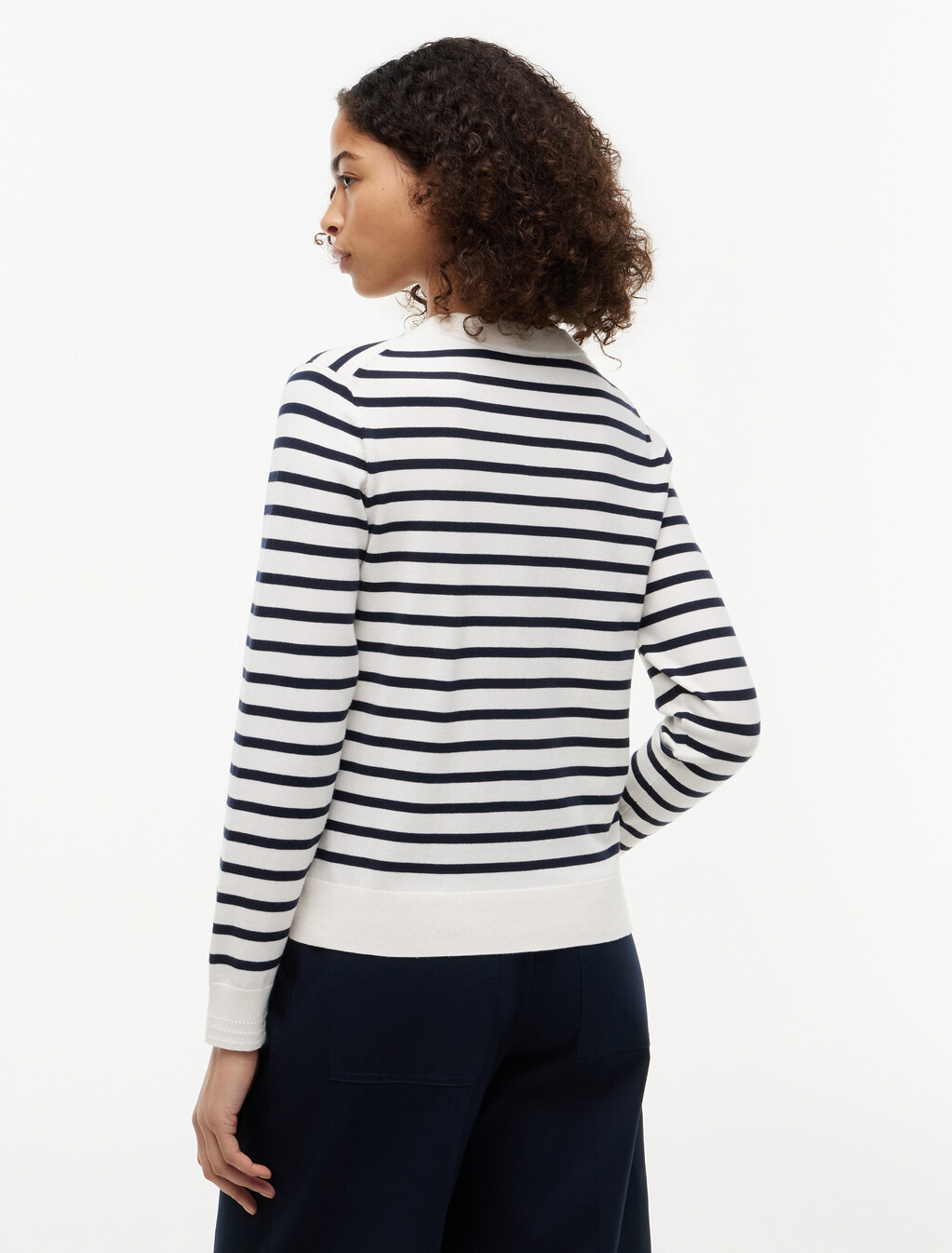 Jersey Crew Neck Cardigan, Ivory Petal/ Dark N Navy Breton Stp, hi-res