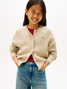 Cable Knit Relaxed Balloon Sleeve Cardigan, Malted Milk Heather, hi-res