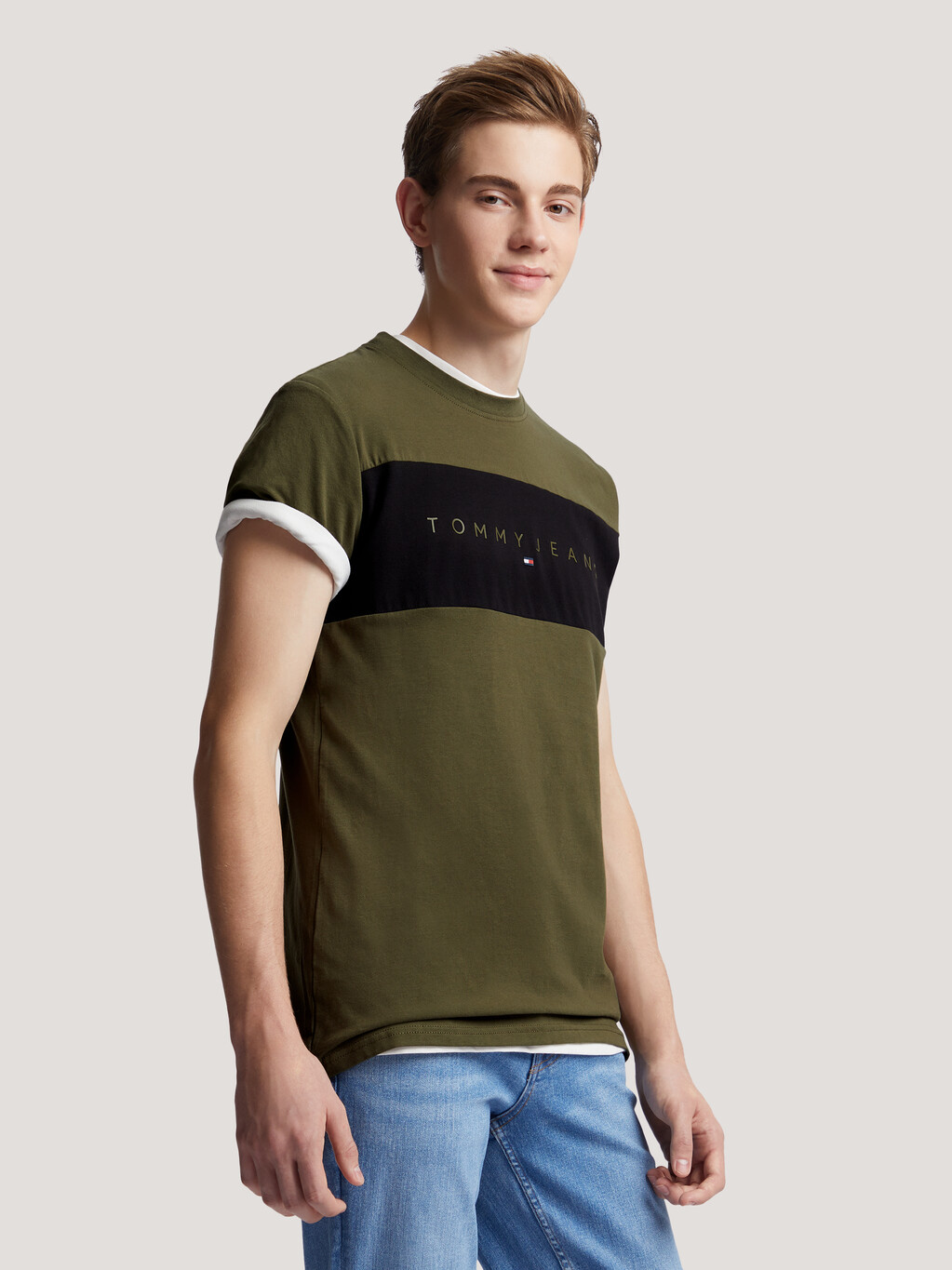 拼色標準版型 T 恤, Drab Olive Green, hi-res
