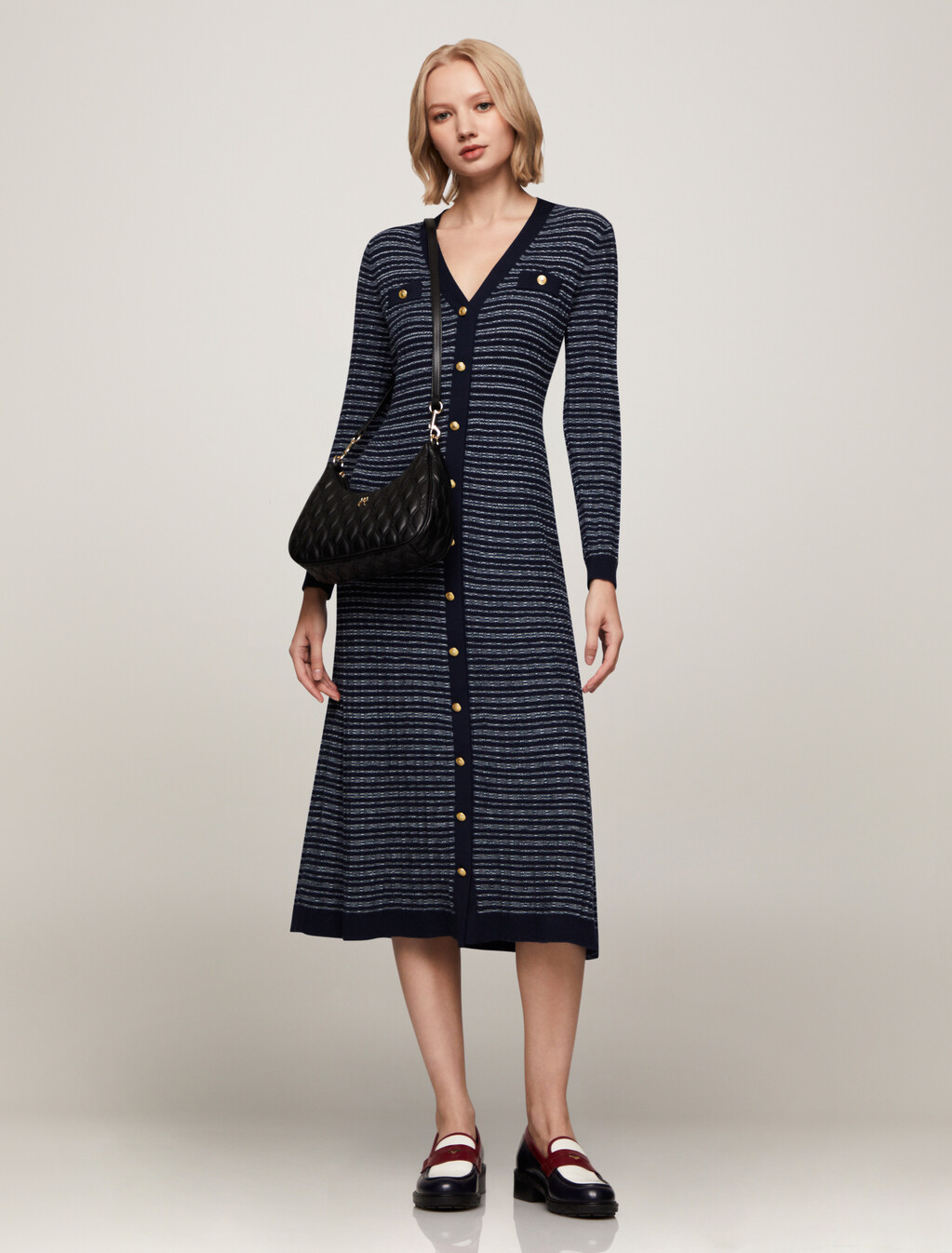 Textured V Neck Knit Sweater Dress, Navy/ Ivory Texture Stp, hi-res