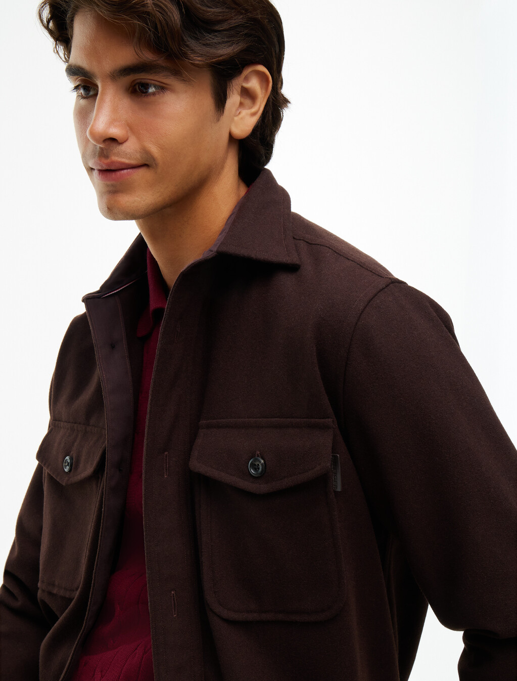 Relaxed Fit Wool Blend Shirt, Chocolate, hi-res