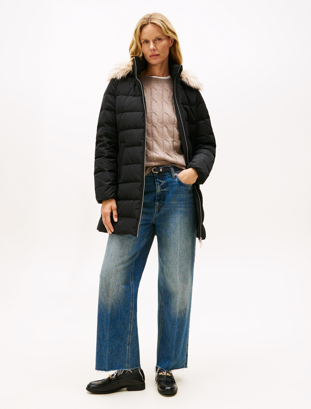 Faux Fur Hood Down Puffer Coat, Black, hi-res