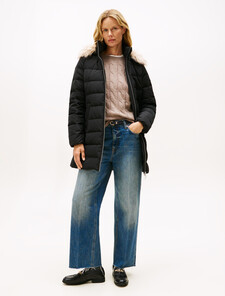 Faux Fur Hood Down Puffer Coat, Black, hi-res