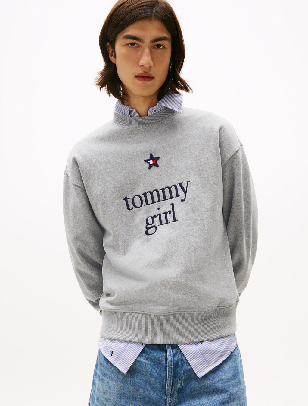 Tommy Girl 印花圖案寬鬆衛衣, Light Grey Marl, hi-res