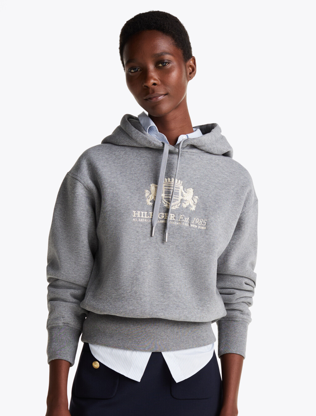 Logo Embroidery Drawstring Fleece Hoody, Mid Grey Heather, hi-res