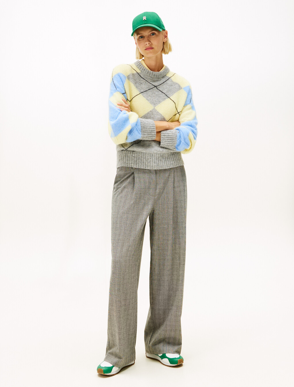 Argyle Oversized Alpaca Blend Jumper, Light Grey Htr/Yellow/Blue Argyle, hi-res