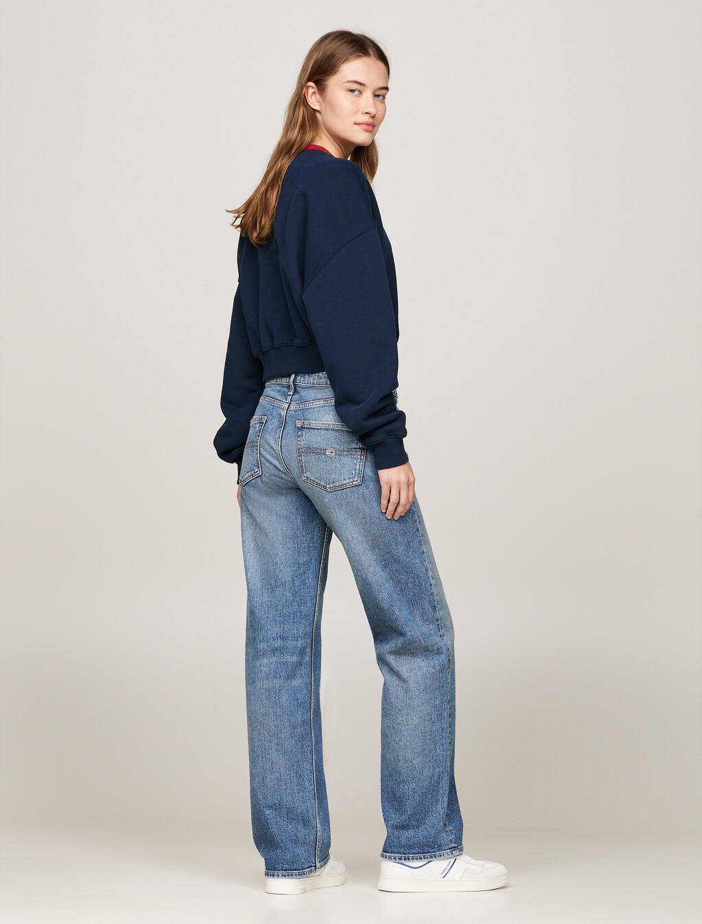 Oversized Cropped Contrast Neckline Sweatshirt, Dark Night Navy, hi-res