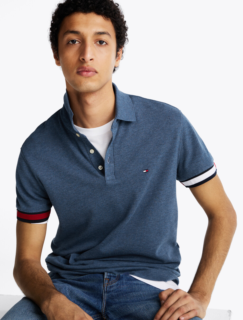 旗幟袖口修身 Polo 衫, Faded Indigo Heather, hi-res