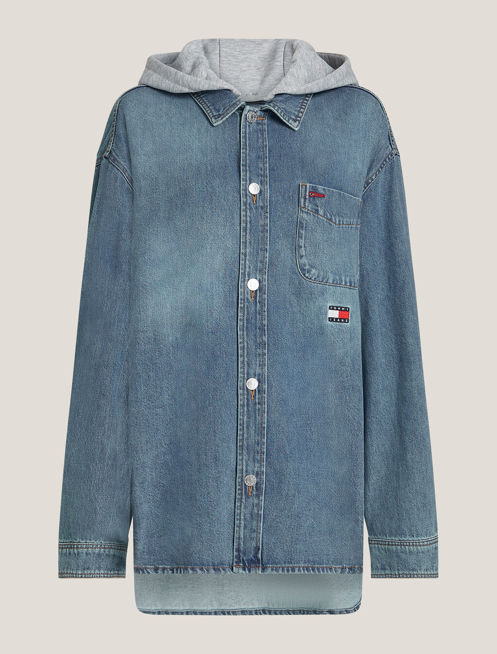 Hooded Denim Shacket, Denim Medium, hi-res
