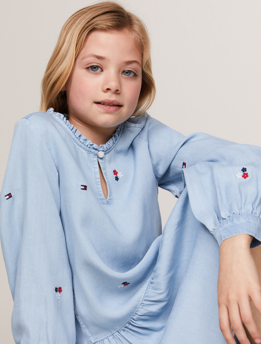 Floral Embroidery Fit And Flare Dress, Denim Medium, hi-res