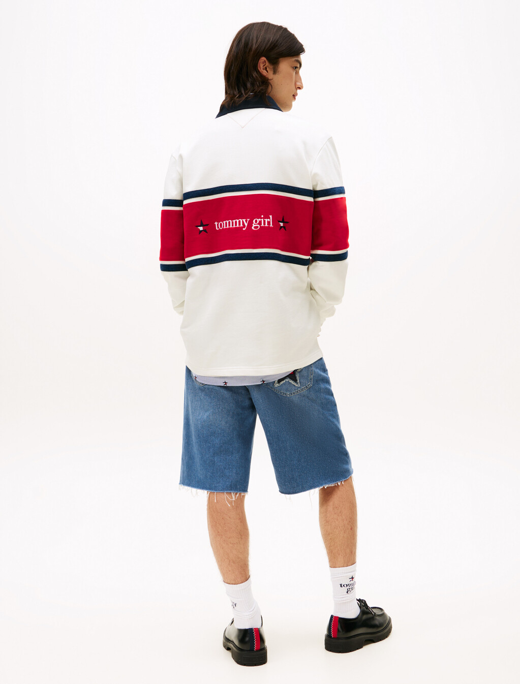 Tommy Girl 後背標誌寬鬆條紋橄欖球衫, Ecru, hi-res