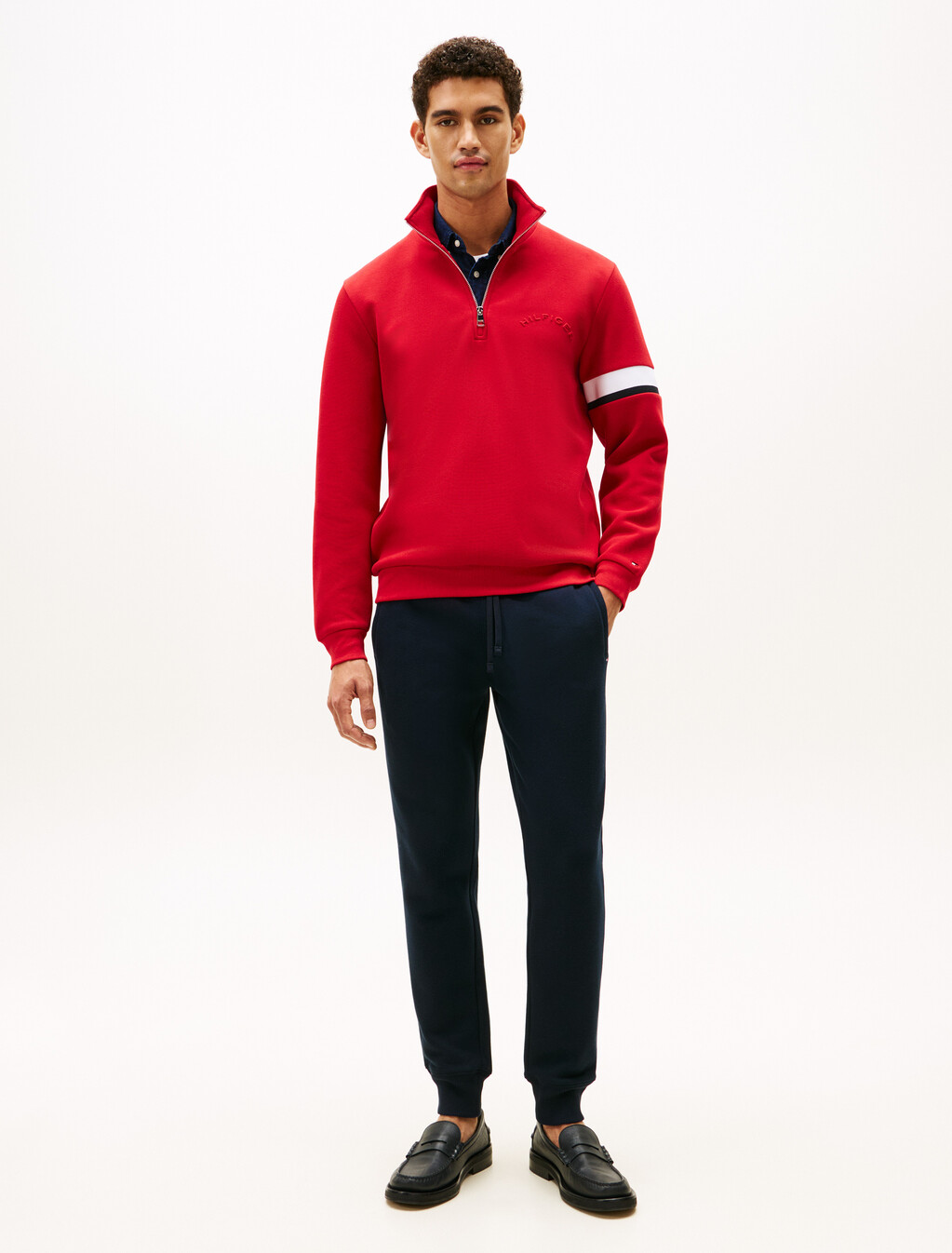 Half Zip Stripe Insert Cotton Pique Sweatshirt, Medium Red, hi-res