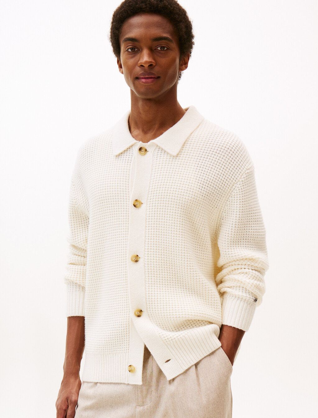 Smart Casual Waffle Knit Lambswool Blend Cardigan, Ivory Petal, hi-res