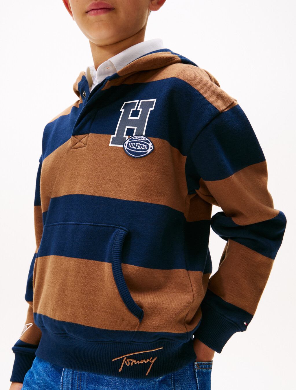 Varsity Stripe Concealed Placket Hoody, Pecan Nut Stripe, hi-res