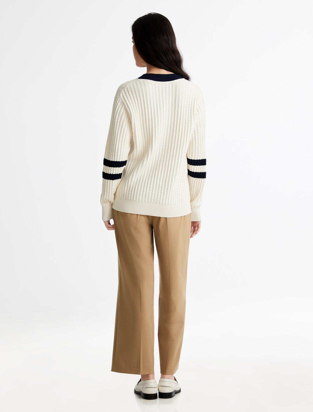 Graphic V Neck Sweater, Ivory Petal, hi-res