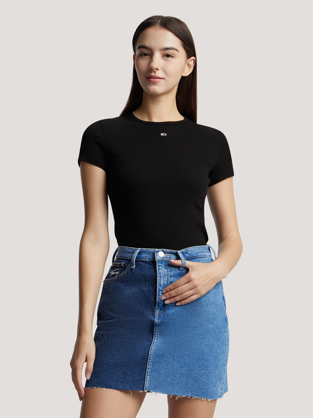 Essential Rib Knit Slim T-Shirt, Black, hi-res