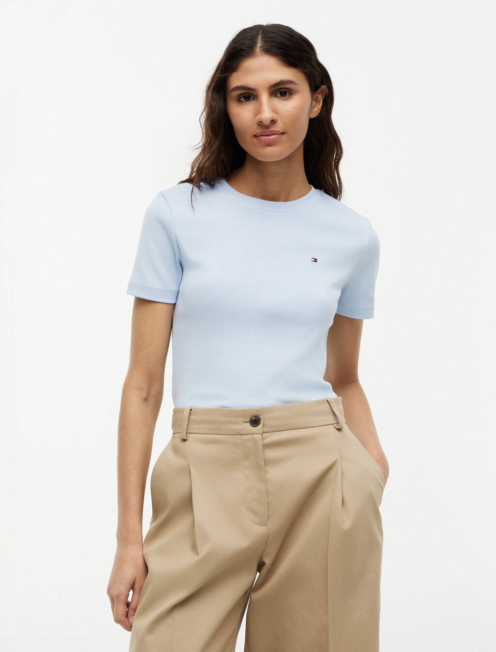 Flag Embroidery Ribbed Slim T-Shirt, Breezy Blue, hi-res