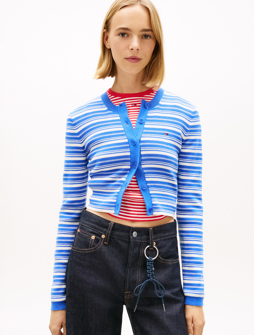 Stripe Slim Crew Neck Cardigan, Empire Blue, hi-res