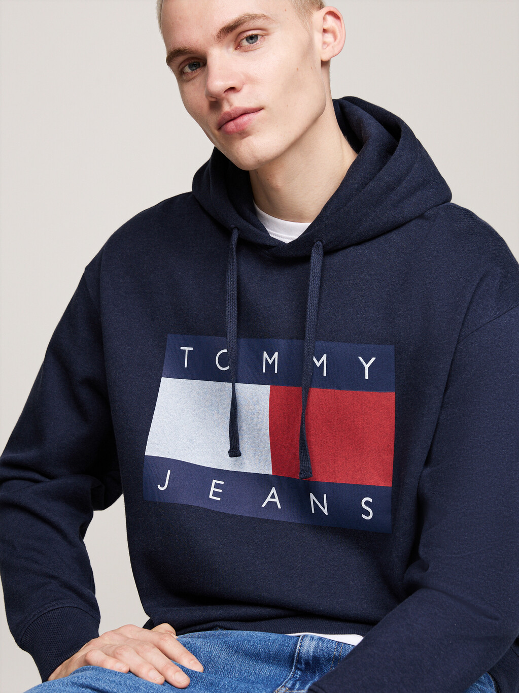 Tommy Flag Badge Mélange Relaxed Hoody, Dark Night Navy Melange, hi-res