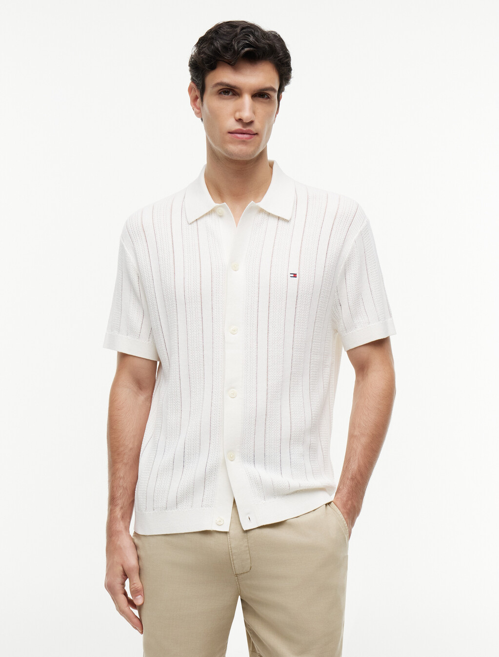 Relaxed Pointelle Short Sleeve Shirt With Linen, Ivory Petal, hi-res