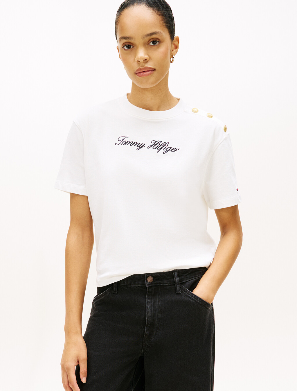 Gold-Tone Button Logo Embroidery Relaxed T-Shirt, Ecru, hi-res