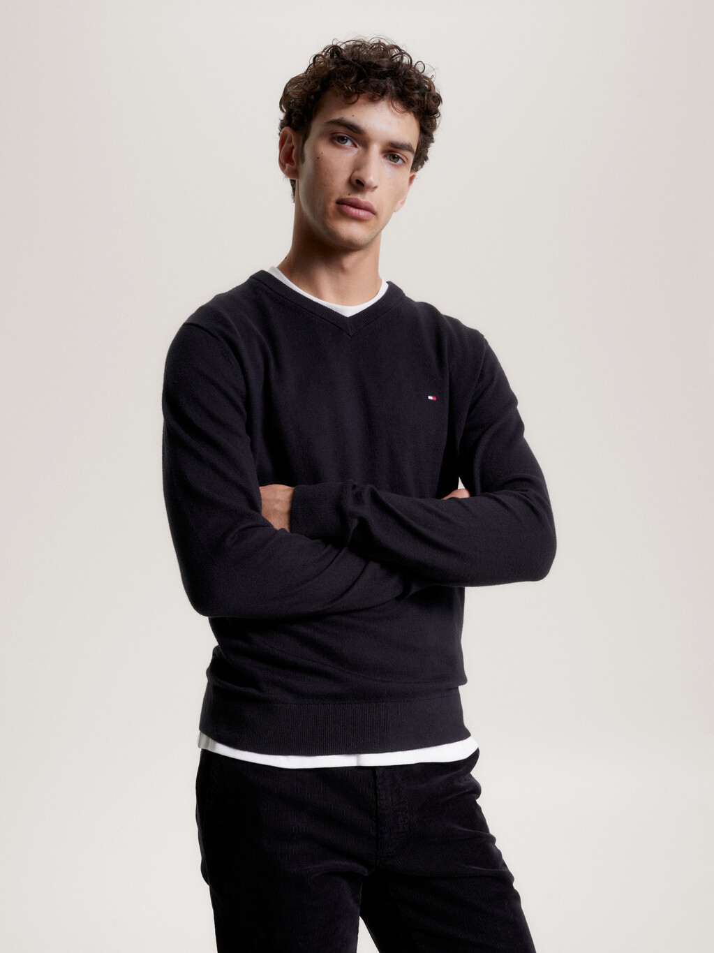 Cotton Cashmere V-Neck Jumper, Black, hi-res