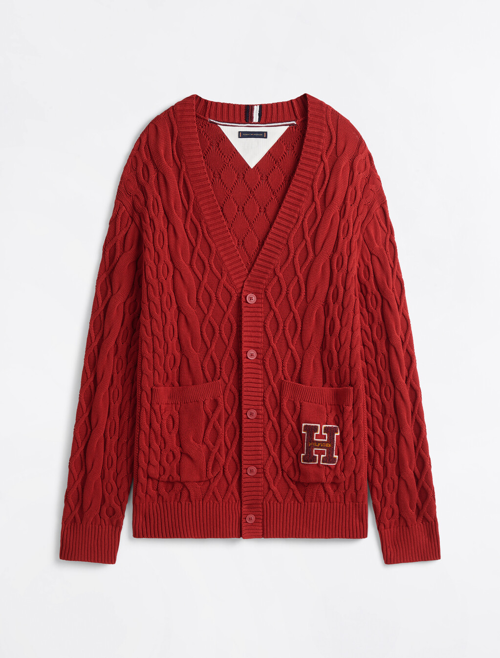 Cable Knit Letterman Applique Cardigan, Arizona Red, hi-res