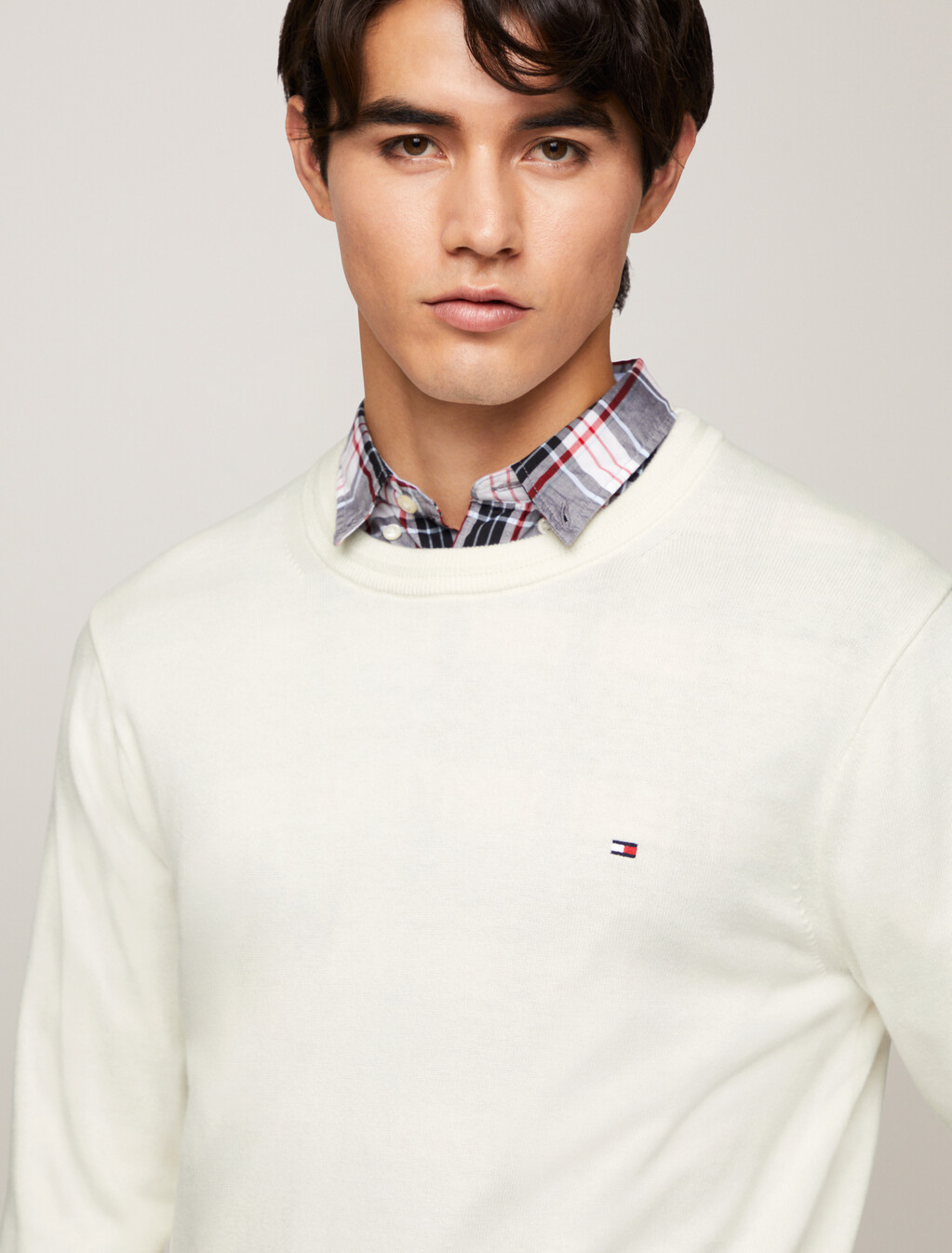 Cotton Silk Crewneck Sweater, Ivory, hi-res