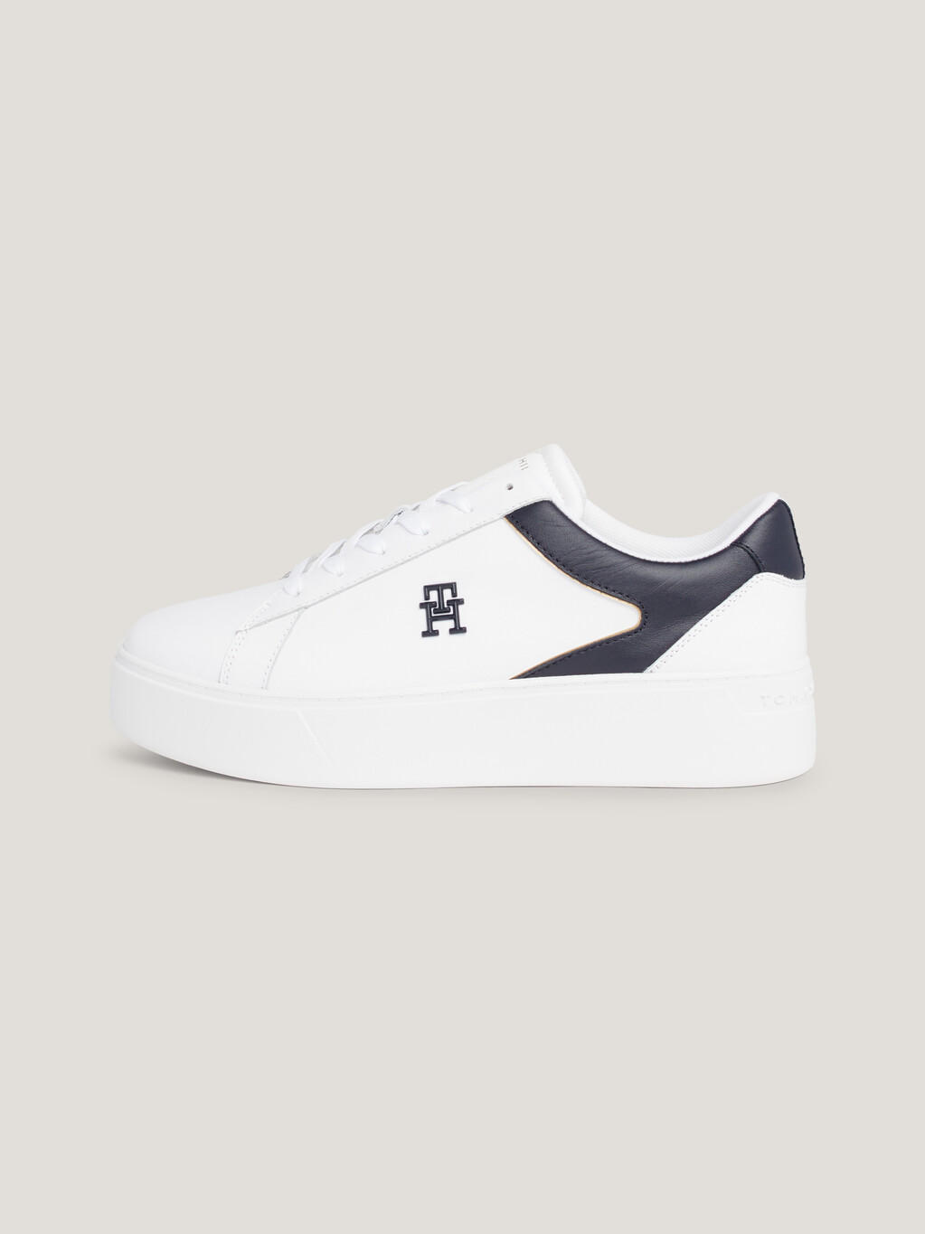 Leather Platform Court Trainers, White/Space Blue, hi-res