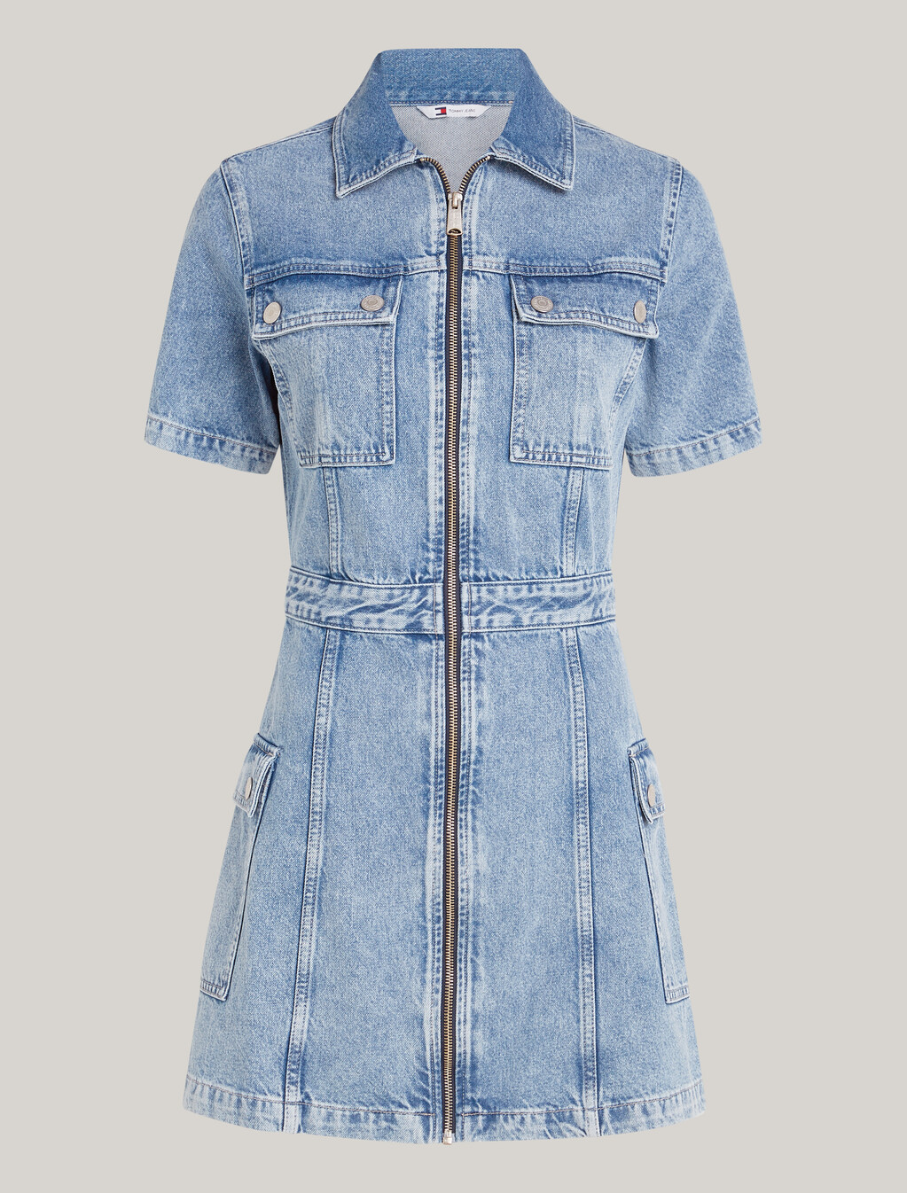 Zip-Thru Slim Denim Utility Mini Dress, Denim Medium, hi-res