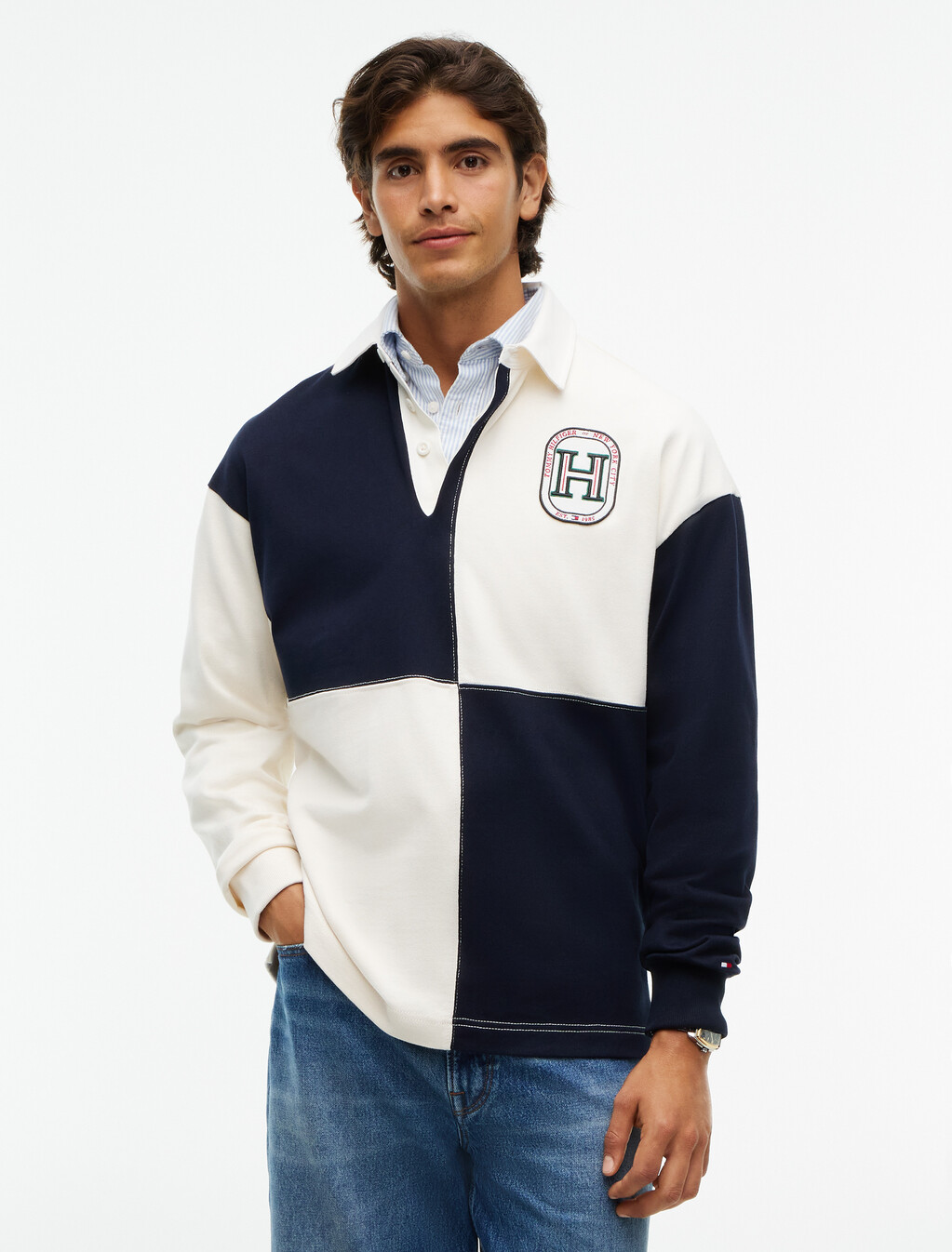 Varsity Colour-Blocked Relaxed Rugby Shirt, Ivory Petal, hi-res