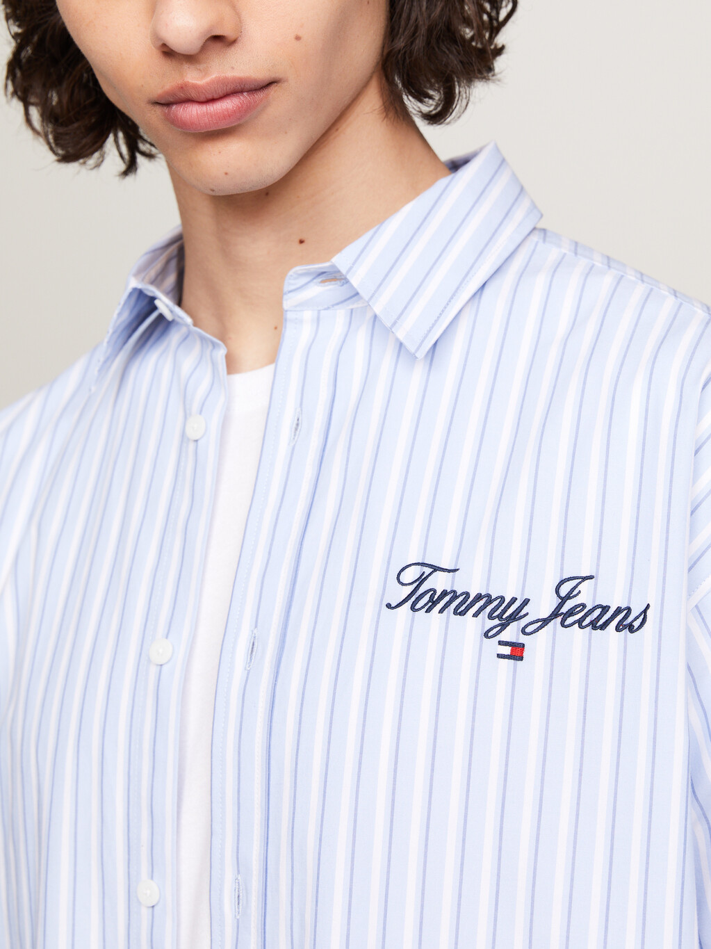 條紋寬鬆短袖襯衫, Moderate Blue Stripe, hi-res