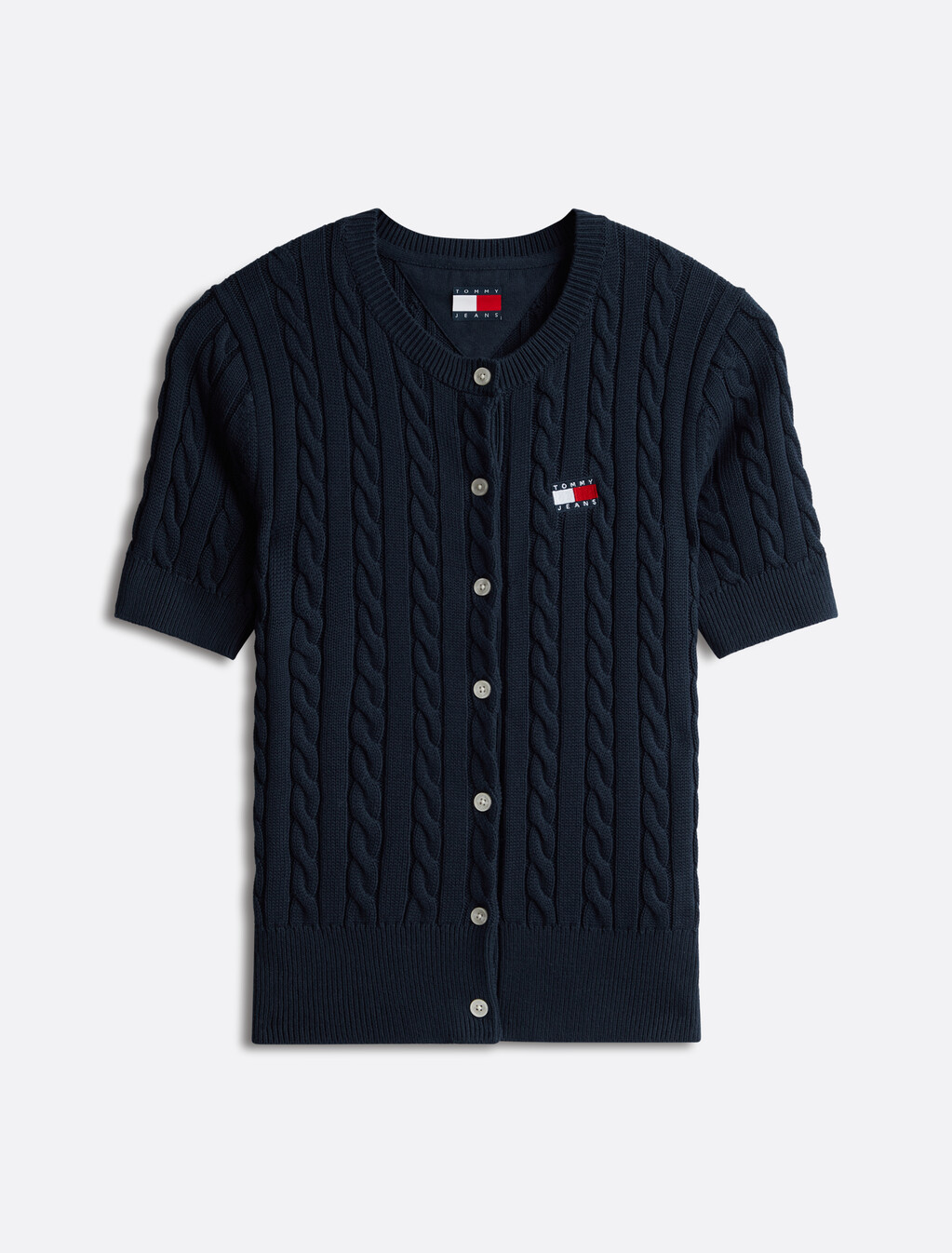 Cable Knit Short Sleeve Cardigan, Dark Night Navy, hi-res