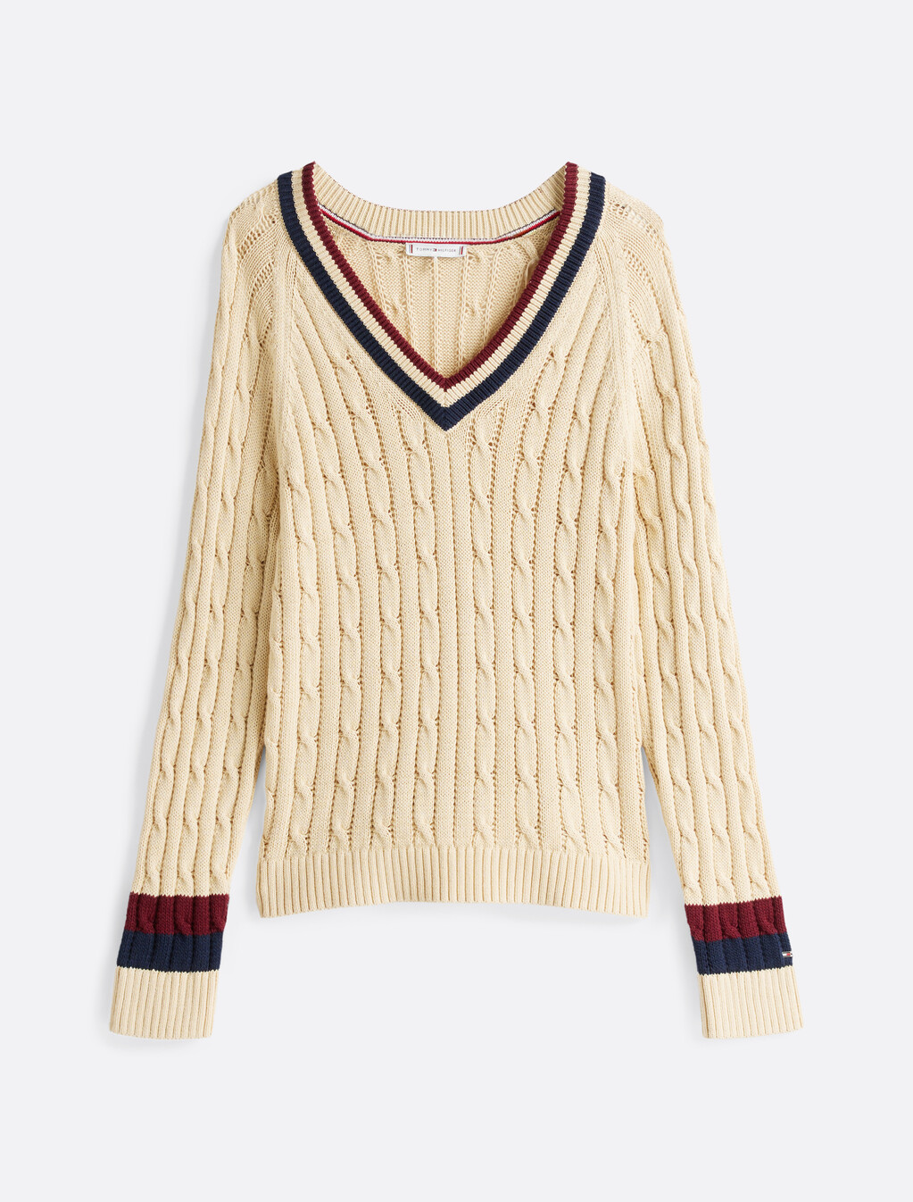 Varsity Cable Knit V Neck Sweater, Country Ivory, hi-res