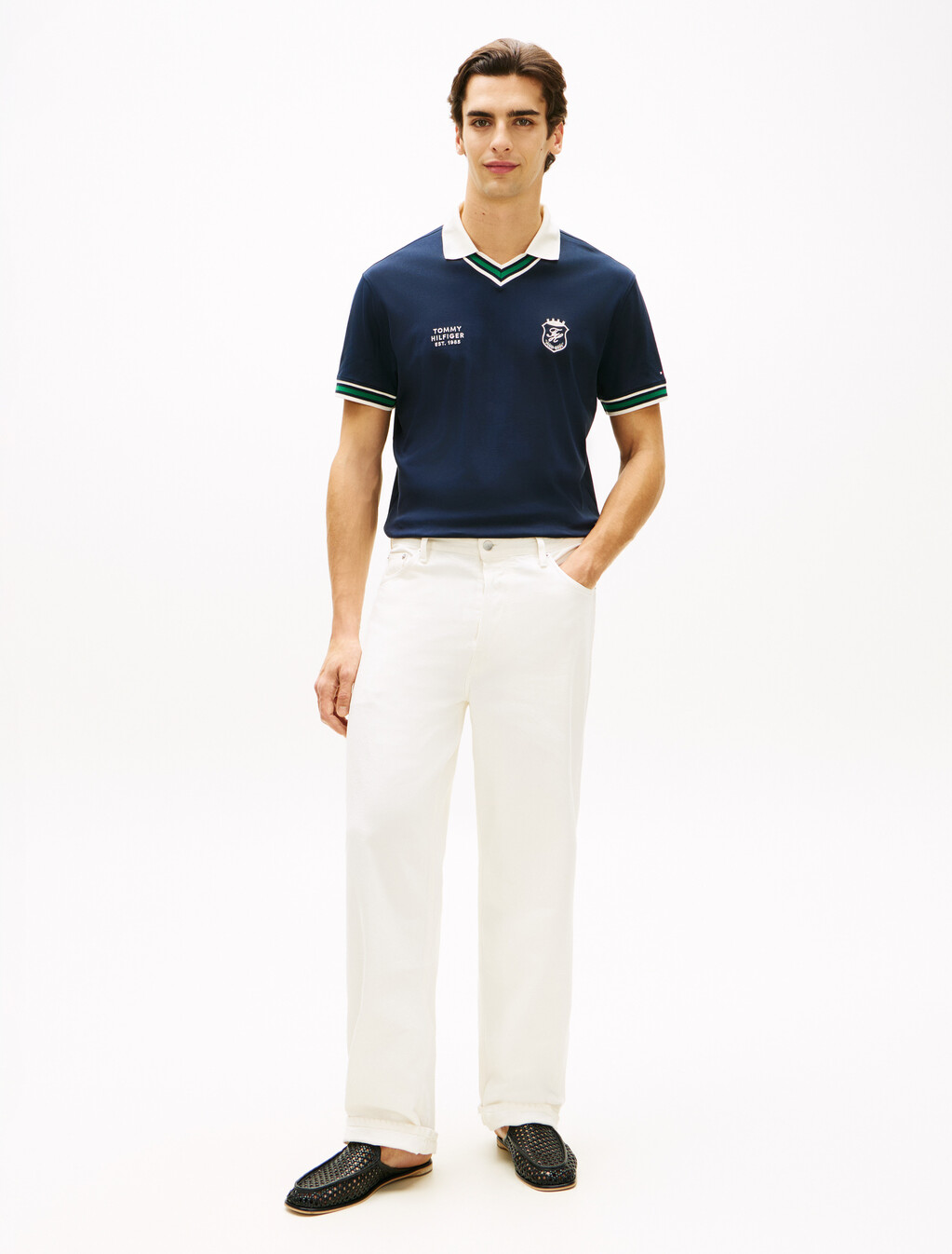 Relaxed Fit Tipped V-Neck Polo Shirt, Desert Sky, hi-res