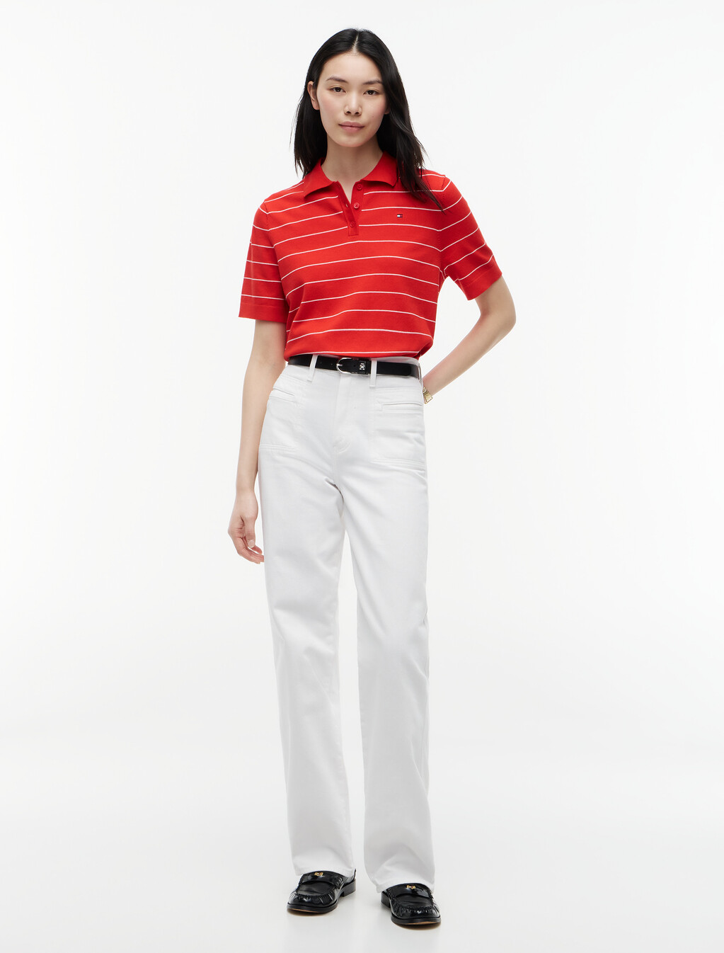 Flag Embroidery Knit Boxy Polo Jumper, Fire Red /Ivory Petal Stp, hi-res