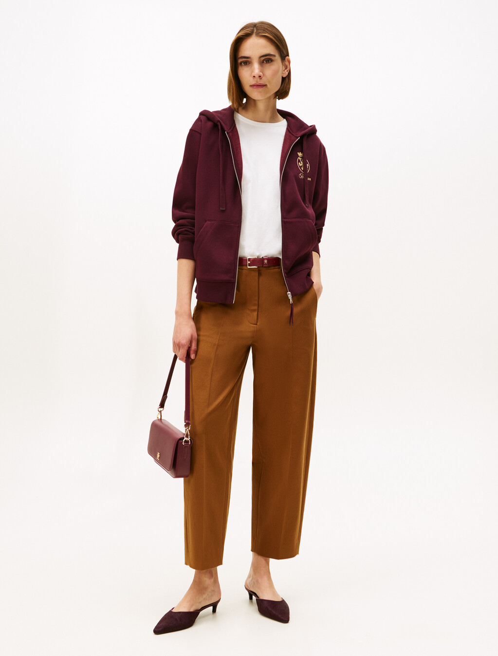 TH Crest Embroidery Gold-Tone Zip-Thru Hoody, Deep Burgundy, hi-res