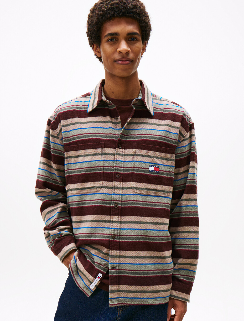 Oversized Fit Brushed Flannel Overshirt, Rich Brown / Horizontal Stripes, hi-res