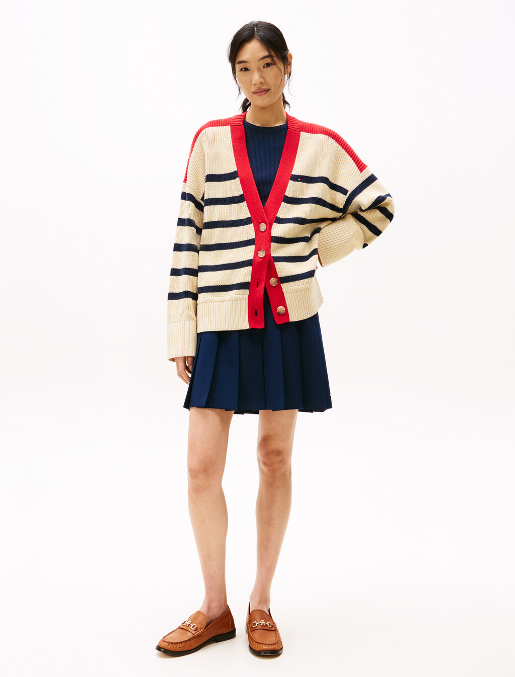 Relaxed V-Neck Cardigan, Dark Night Navy Stripe, hi-res
