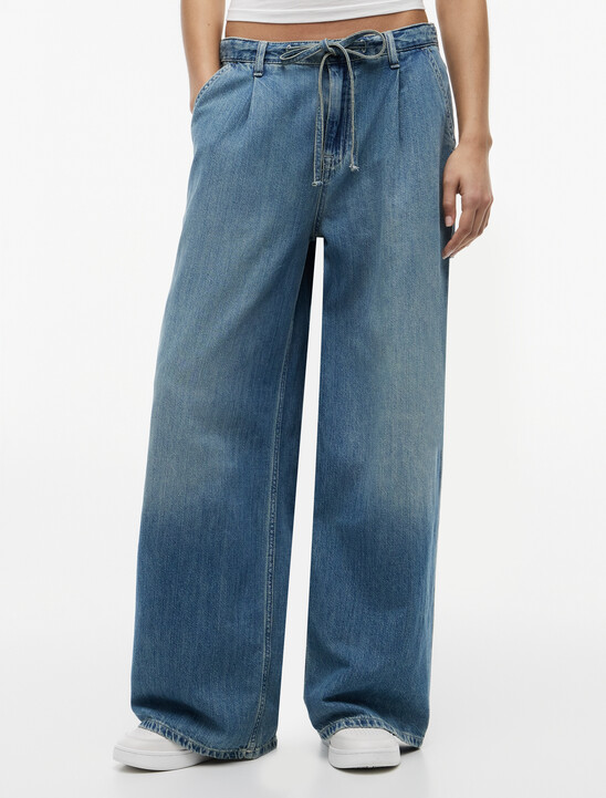 Drawstring Loose Wide Leg Jeans With Linen