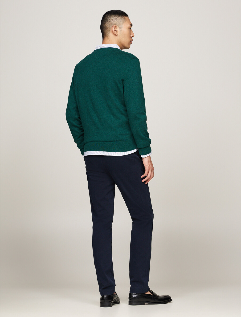 Cotton Cashmere V-Neck Jumper, Ornamental Green Heather, hi-res