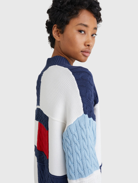 OVERSIZED COLOR BLOCK CABLE KNIT CARDIGAN