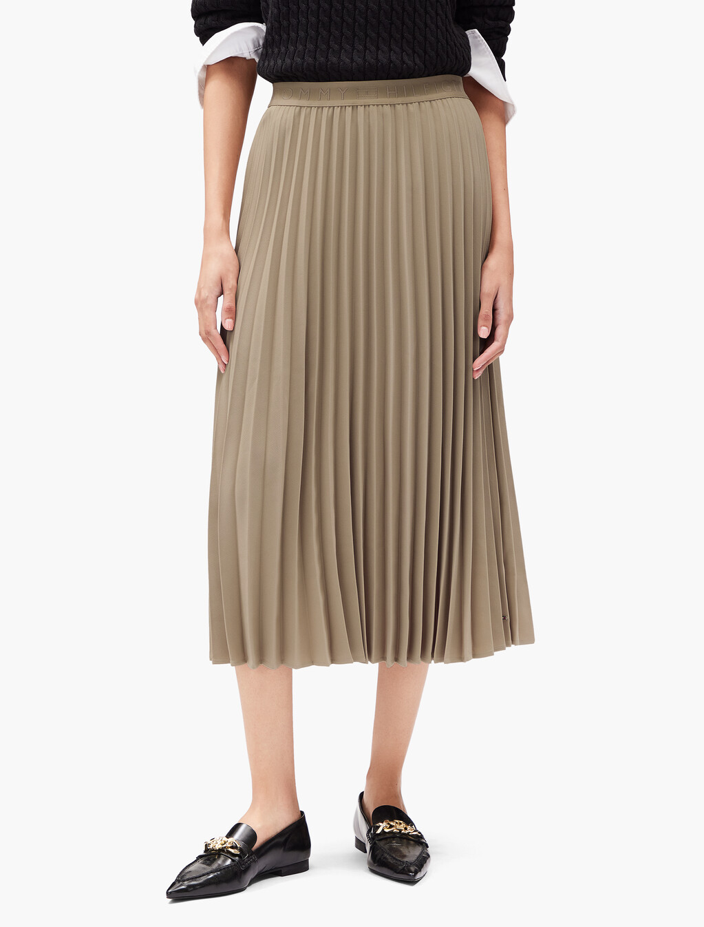 Twill Midi Pleated Skirt, Beige, hi-res