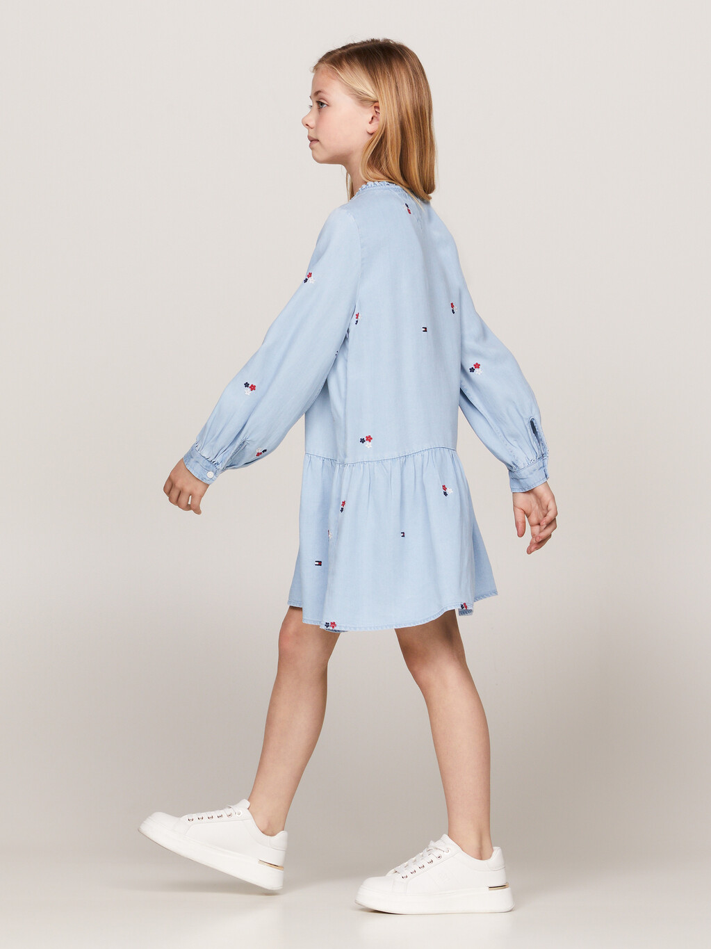 Floral Embroidery Fit And Flare Dress, Denim Medium, hi-res