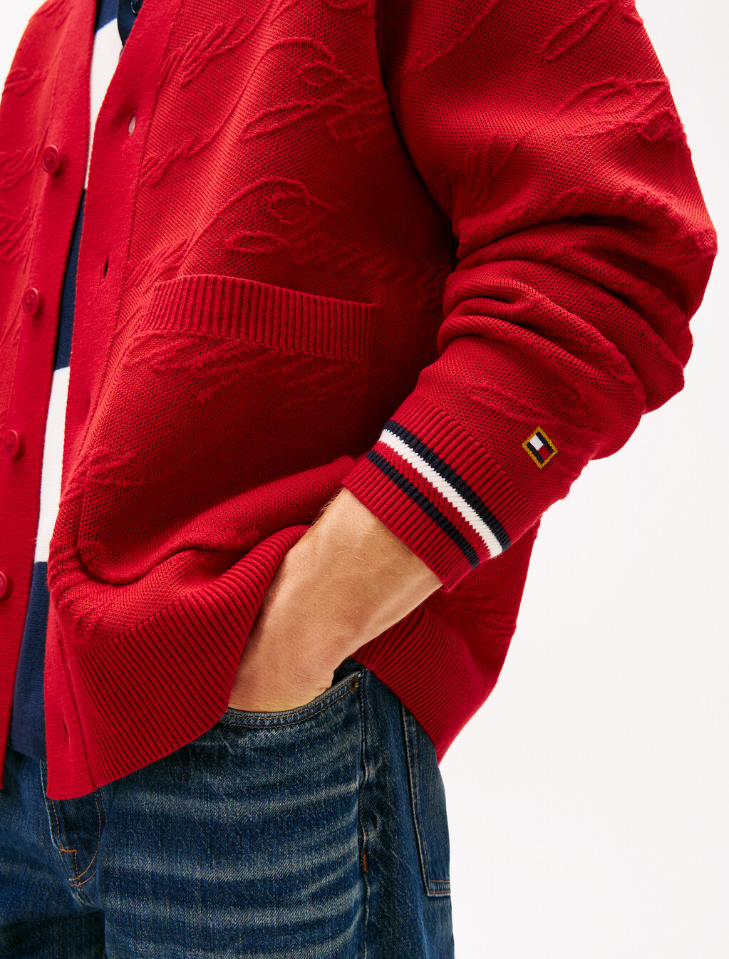 Jacquard V Neck Cardigan, Arizona Red, hi-res