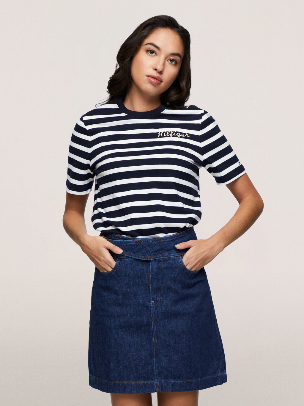 Gold Button Stripe T-Shirt, Blue Stripe, hi-res